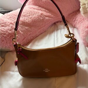 Coach Brown Pebble Leather Shoulder Bag with Pink Trim